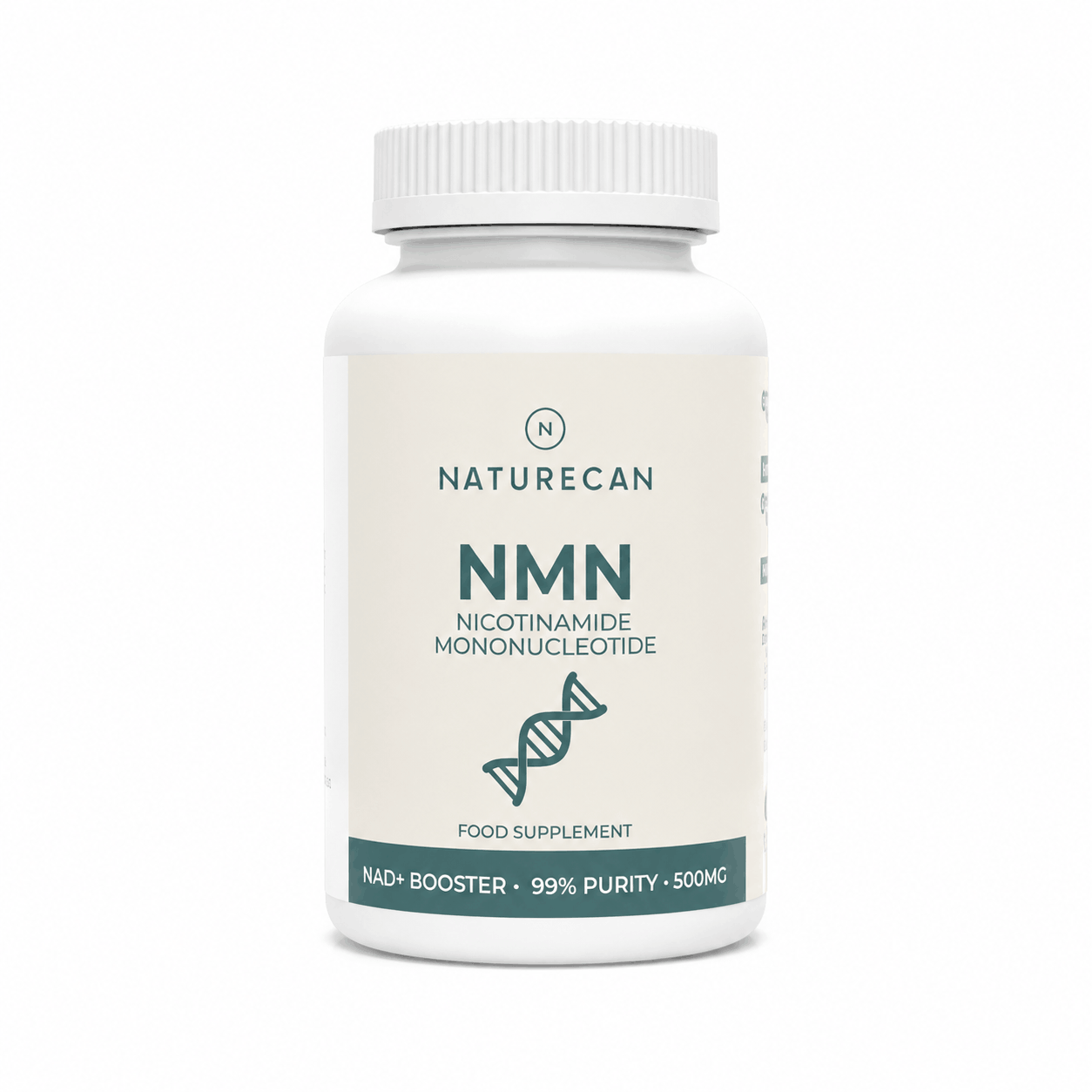 Butelka suplementu Naturecan NMN 500 mg – czyste NMN o 99% czystości, front etykiety.