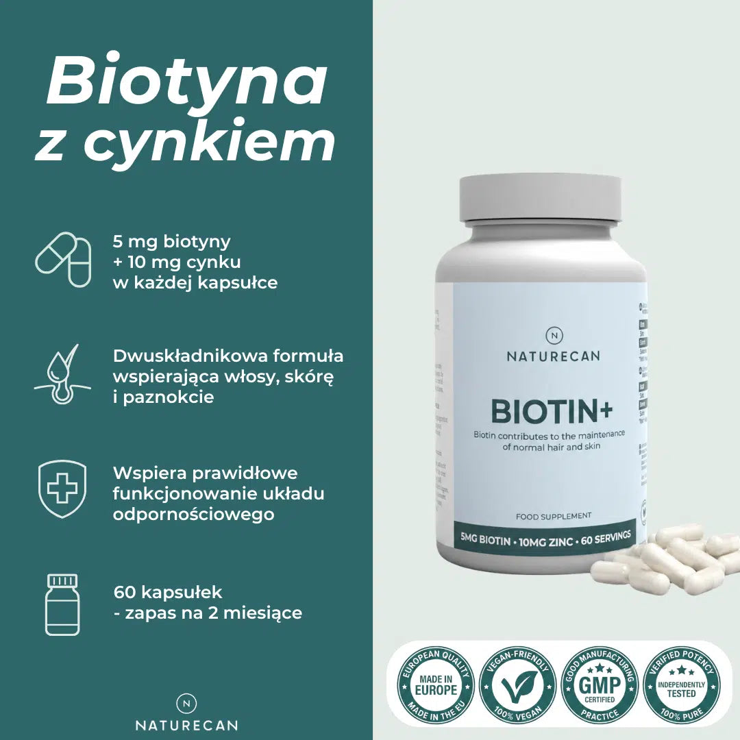 Biotyna z cynkiem Naturecan z 5 mg biotyny i 10 mg cynku w kapsułce, wspierająca włosy, skórę, paznokcie i odporność