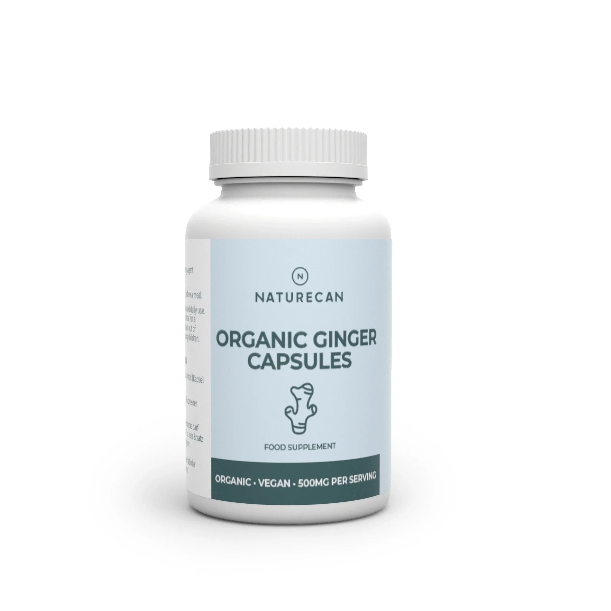 Kapsułki z imbirem 500 mg Naturecan – suplement diety z organicznym imbirem w kapsułkach, opakowanie na białym tle