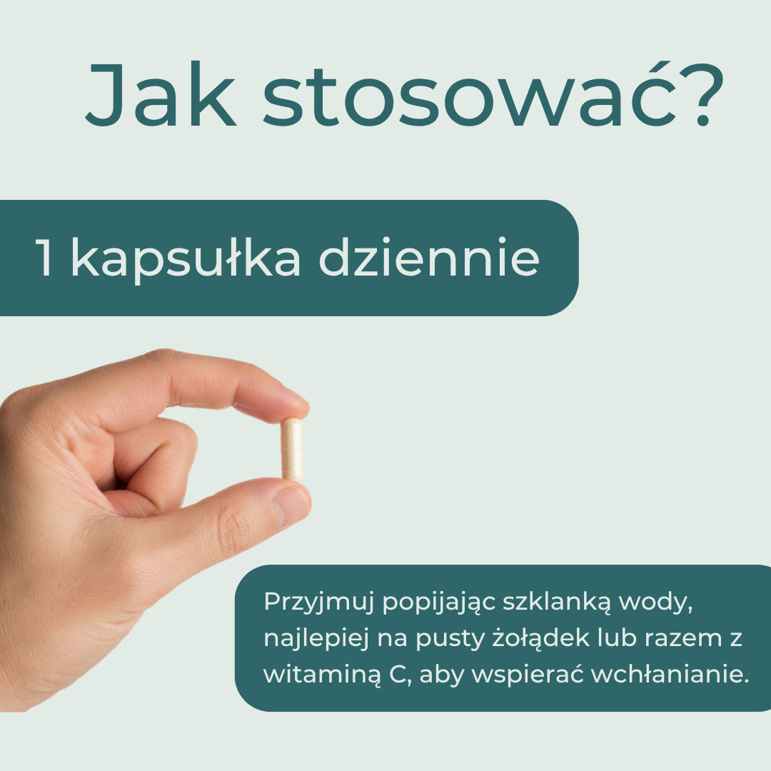 Jak stosować żelazo w kapsułkach — jedna kapsułka dziennie z wodą, najlepiej na pusty żołądek lub z witaminą C.