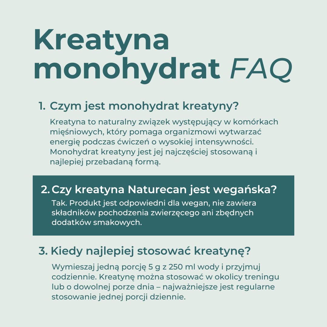 Najczęstsze pytania o kreatynę, dawkowanie, stosowanie i wegański skład