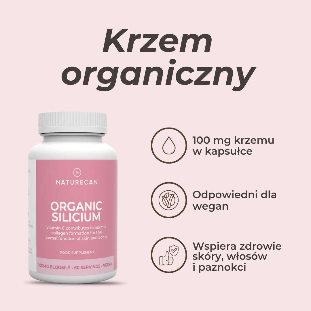 Infografika pokazująca rolę biodostępnej krzemionki Bloosil™ we wspieraniu produkcji kolagenu oraz utrzymaniu mocnych włosów, zdrowych paznokci i prawidłowej struktury skóry.