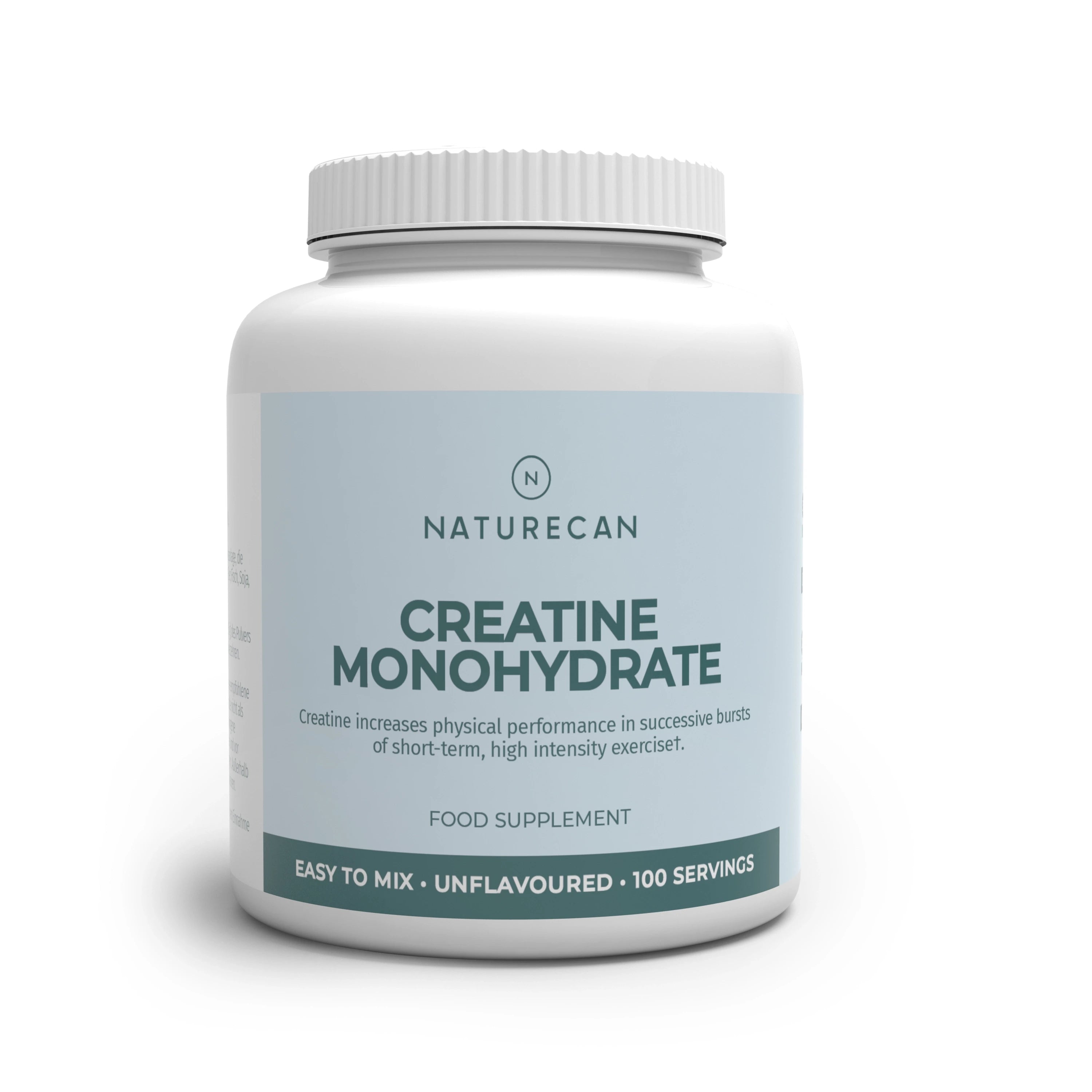 Opakowanie Naturecan Kreatyna Monohydrat na białym tle – czysta monohydrat kreatyny, 100 porcji.