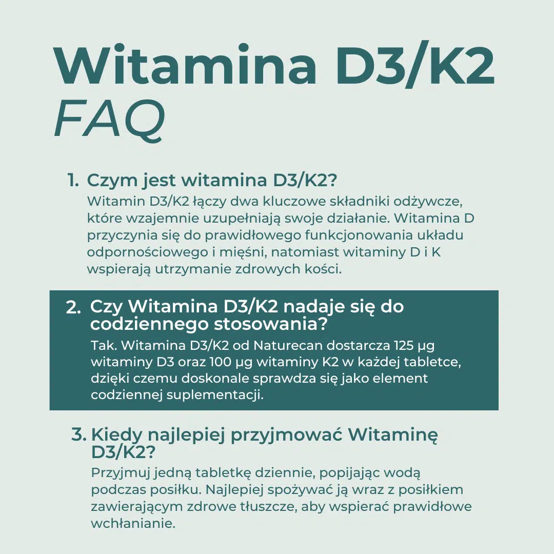 Infografika FAQ odpowiadająca na najczęstsze pytania dotyczące suplementu Vitamin D3/K2, jego działania, codziennego stosowania oraz zalecanego sposobu przyjmowania.