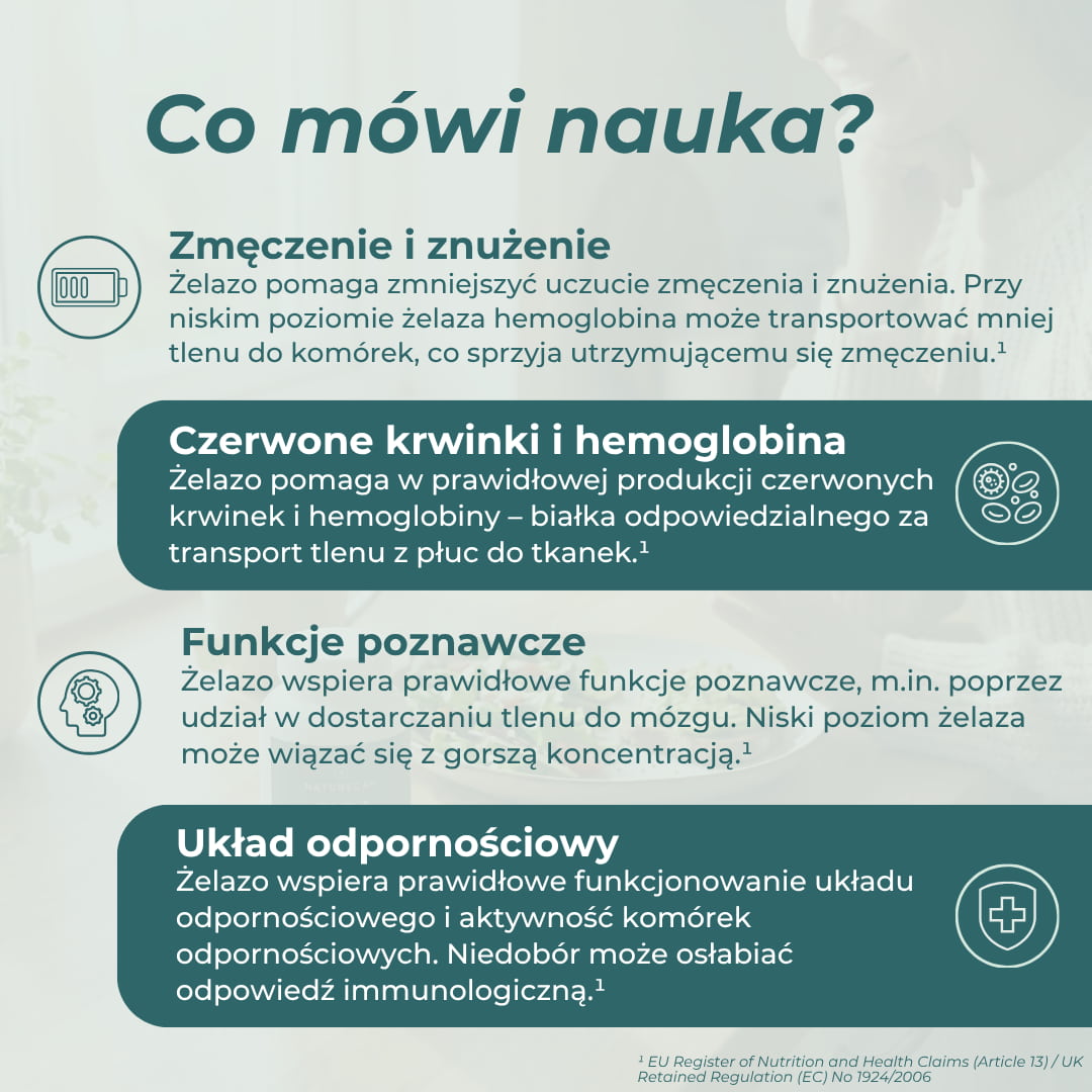 Infografika o żelazie, które pomaga zmniejszyć zmęczenie i znużenie oraz wspiera prawidłową produkcję czerwonych krwinek, funkcje poznawcze i odporność.