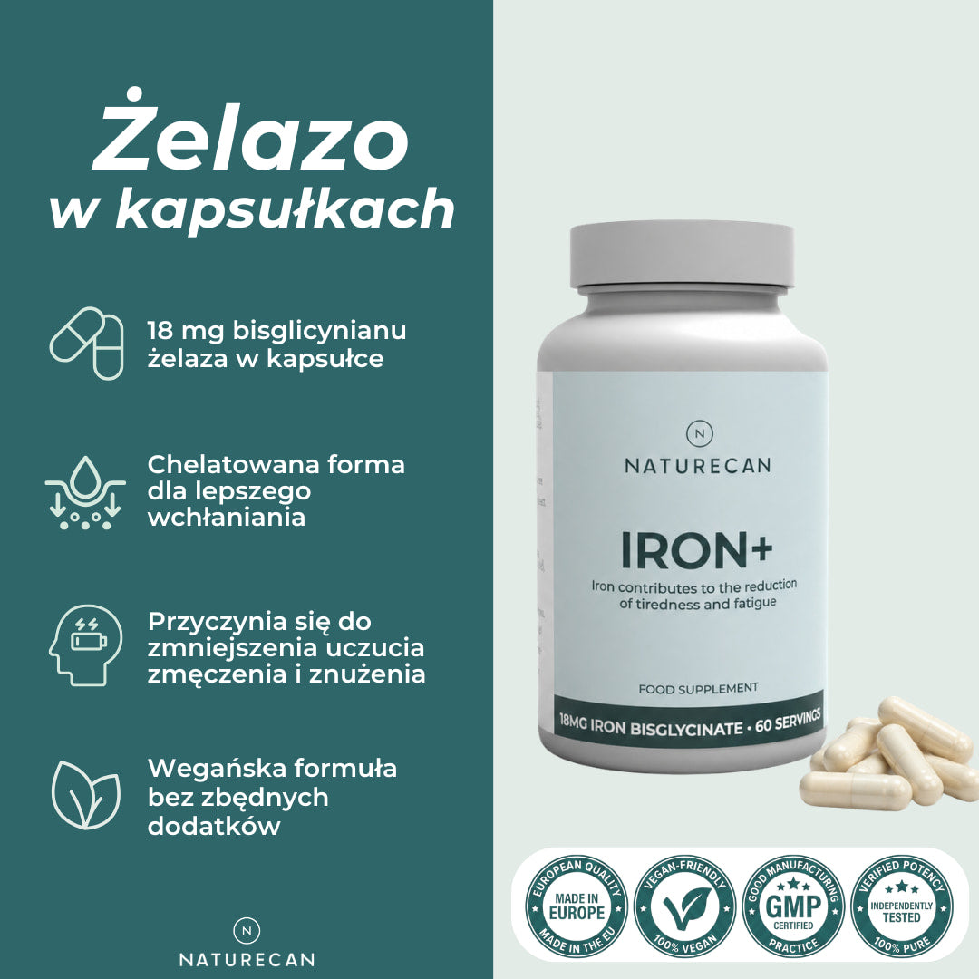 Żelazo w kapsułkach Naturecan z 18 mg bisglicynianu żelaza, chelatowaną formą i wegańską formułą bez zbędnych dodatków.