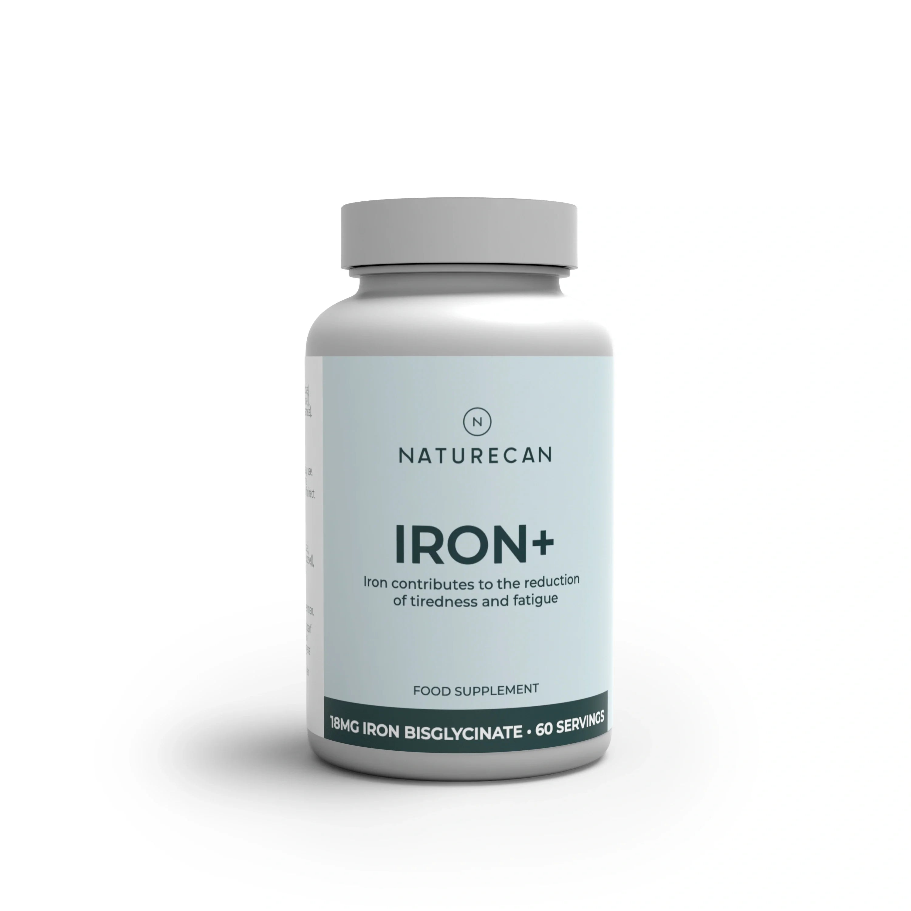 Żelazo w kapsułkach Naturecan Iron+ 18 mg bisglicynianu żelaza, suplement diety dla wegan, 60 porcji.