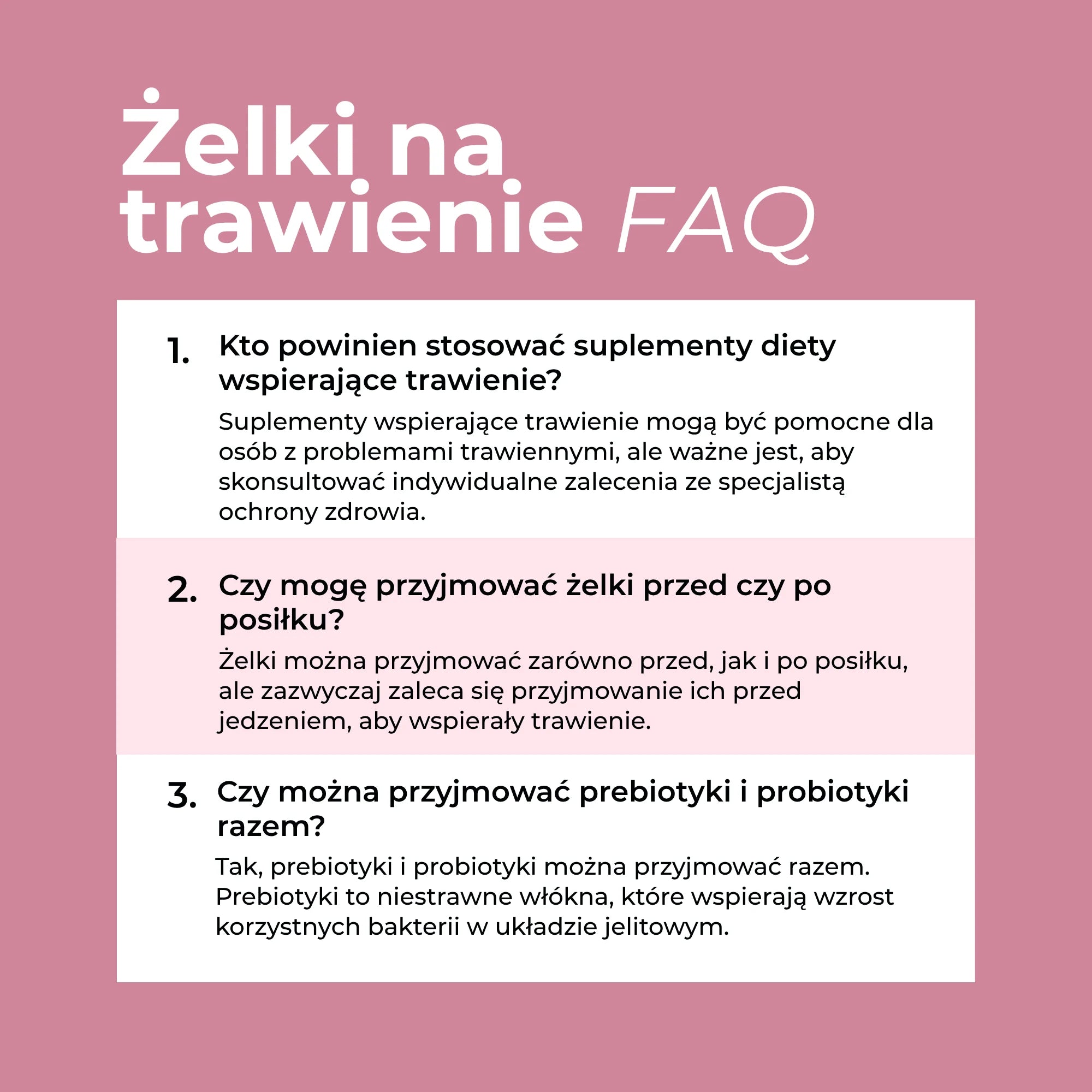 FAQ dotyczące żelków na trawienie Naturecan, stosowania przed posiłkiem oraz łączenia prebiotyków i probiotyków.