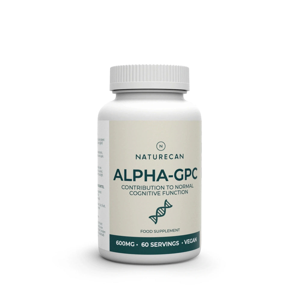 Opakowanie suplementu Naturecan Alpha-GPC 600 mg – wsparcie funkcji poznawczych, 60 porcji, produkt wegański.