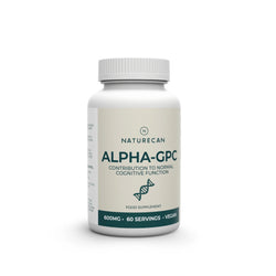 Opakowanie suplementu Naturecan Alpha-GPC 600 mg – wsparcie funkcji poznawczych, 60 porcji, produkt wegański.