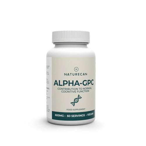 Opakowanie suplementu Naturecan Alpha-GPC 600 mg – wsparcie funkcji poznawczych, 60 porcji, produkt wegański.