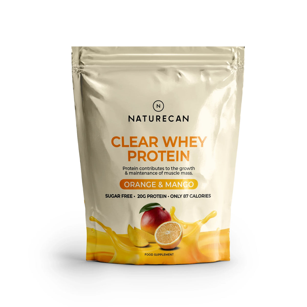 Opakowanie izolatu serwatkowego Naturecan o smaku pomarańcza & mango – 20 g białka, bez cukru, tylko 87 kcal.