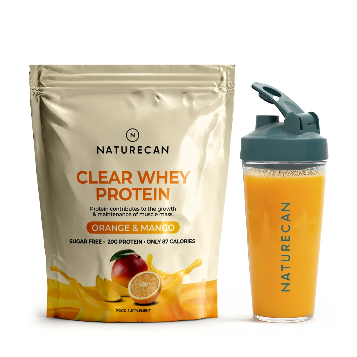 Izolat z białka serwatkowego Naturecam Pomarańcza & Mango wraz z gotowym napojem w shakerze Naturecan.
