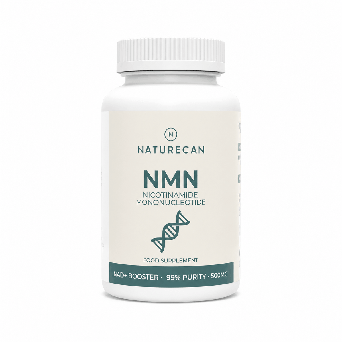 Butelka suplementu Naturecan NMN 500 mg – czyste NMN o 99% czystości, front etykiety.