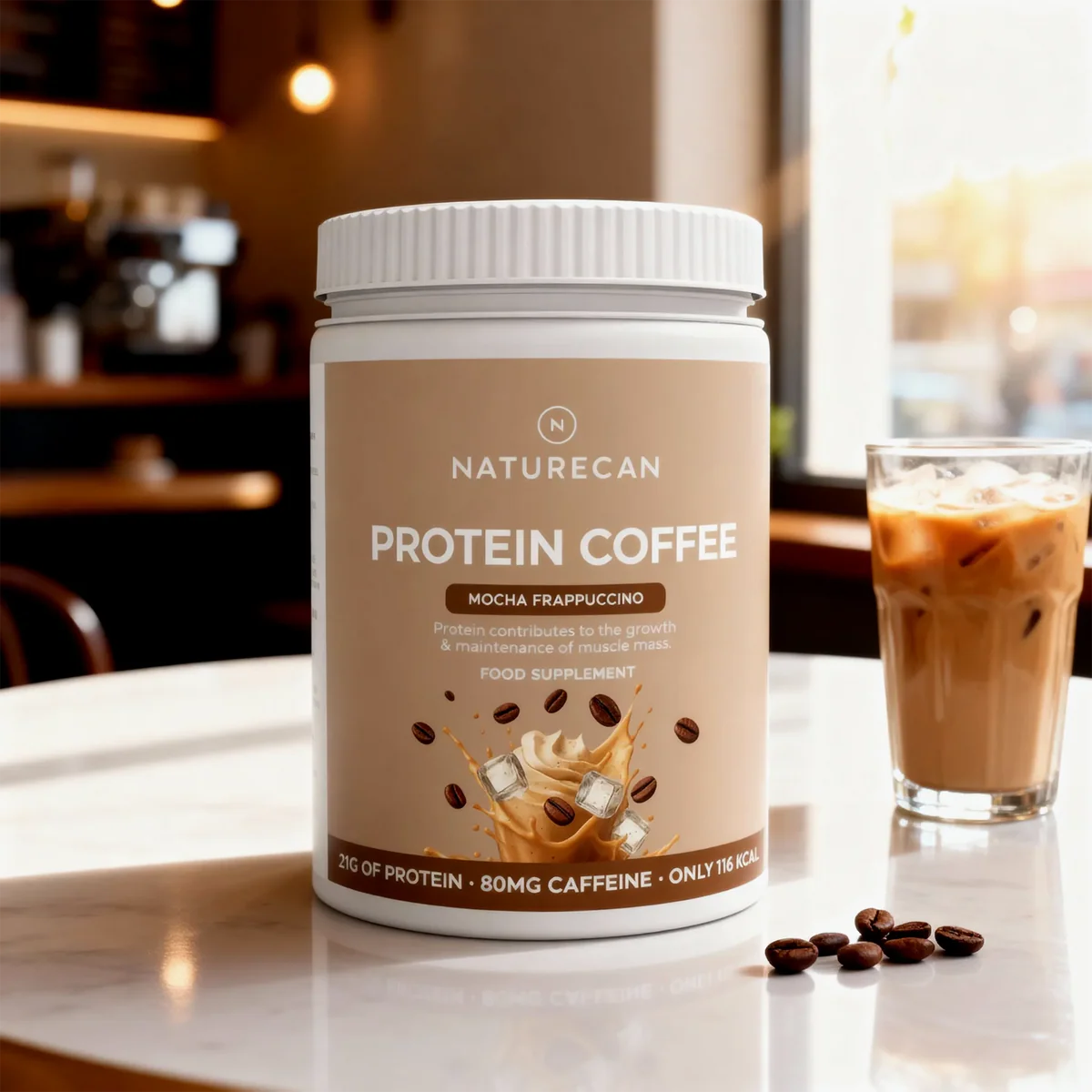 Kawa proteinowa Mocha Frappuccino Naturecan – napój kawowy w kawiarni, suplement białkowy o smaku mocha