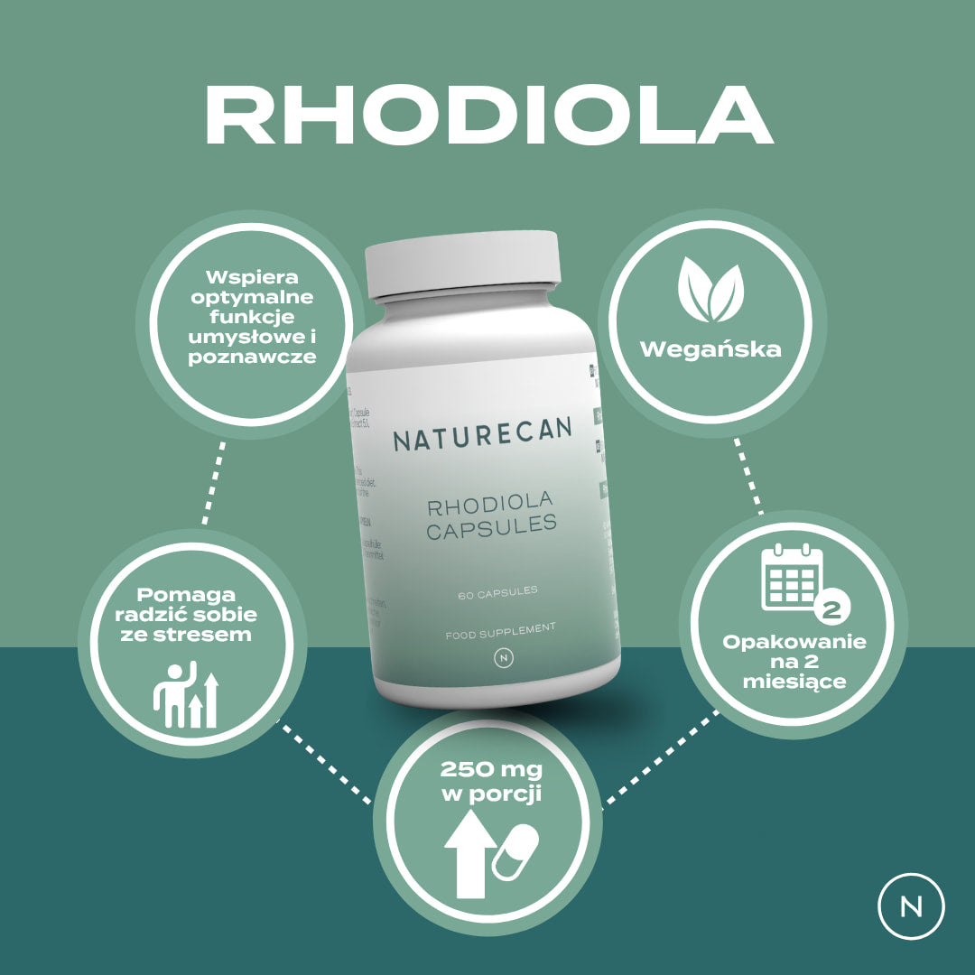 Rhodiola Rosea Naturecan - wegańska, opakowanie na 2 miesiące, 250 mg w dawce, pomaga radzić sobie ze stresem, wspiera funkcje umysłowe