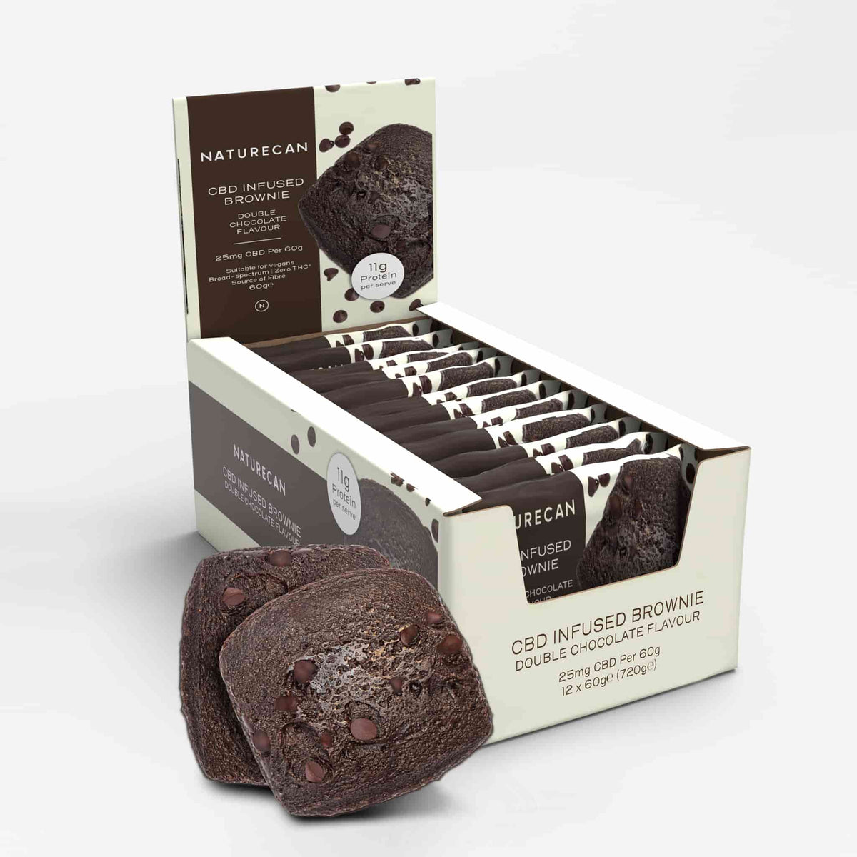 Display box z 12 brownie CBD Naturecan o smaku podwójnej czekolady, zaprezentowany na białym tle