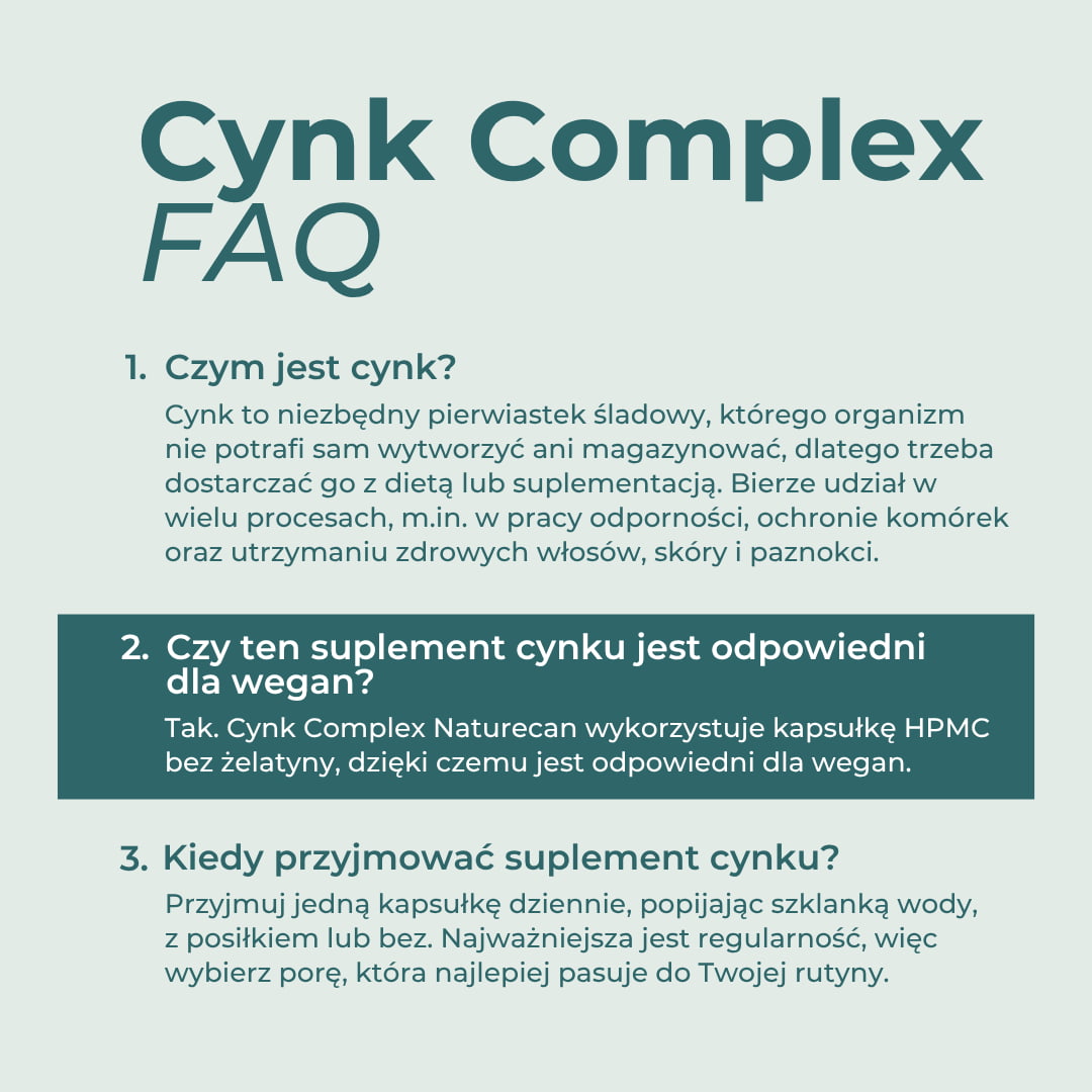 FAQ o Cynk Complex — czym jest cynk, czy suplement jest odpowiedni dla wegan i kiedy przyjmować cynk.