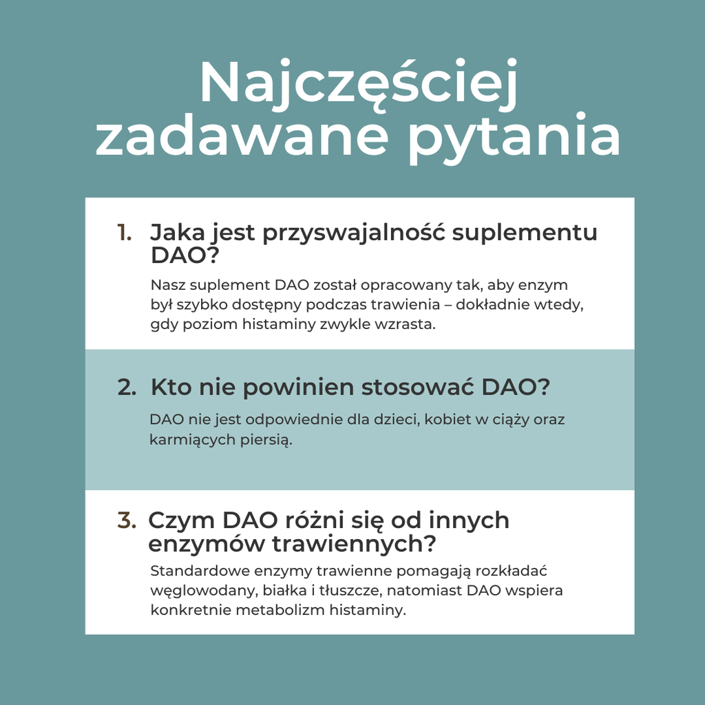 FAQ dotyczące suplementu DAO – najczęstsze pytania o stosowanie, działanie i przyswajalność DAO.