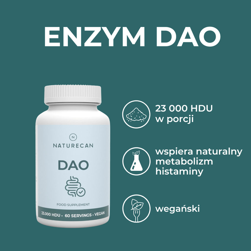 Suplement DAO Naturecan wspierający metabolizm histaminy i pomocny przy nietolerancji histaminy – 23 000 HDU, formuła wegańska.