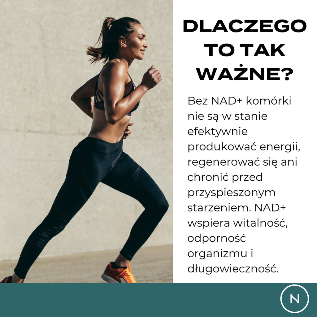 Kobieta podczas biegu oraz opis znaczenia NAD+ dla energii, regeneracji komórek i wspierania zdrowego starzenia.