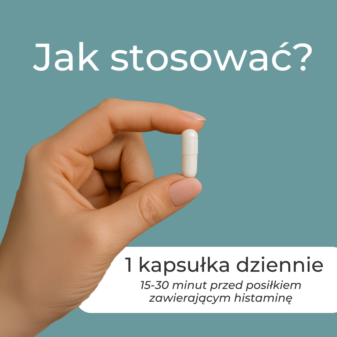Instrukcja stosowania suplementu DAO Naturecan – 1 kapsułka dziennie 15-30 minut przed posiłkiem zawierającym histaminę.