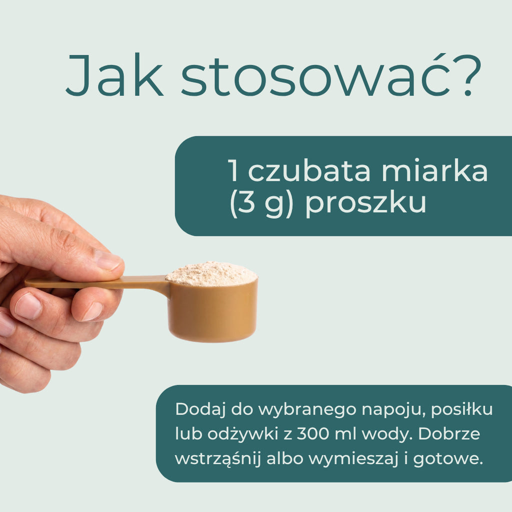 Jak stosować taurynę w proszku — jedna czubata miarka 3 g z wodą, napojem, posiłkiem lub odżywką.