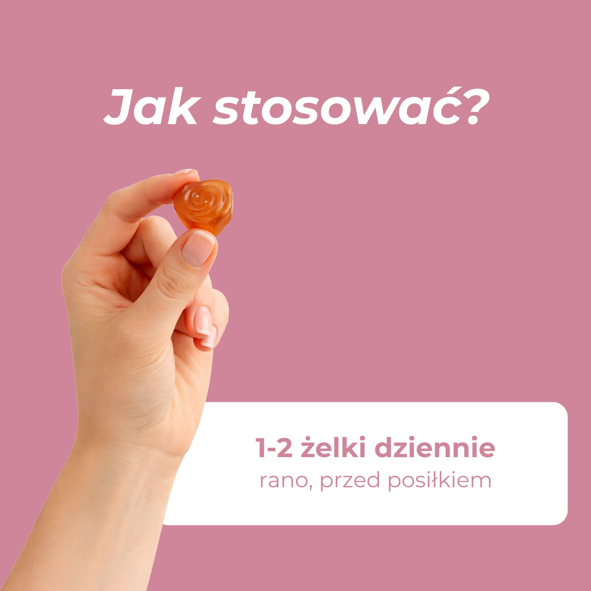 Dłoń trzyma żelek Naturecan na trawienie z informacją o stosowaniu 1–2 żelków dziennie przed posiłkiem.