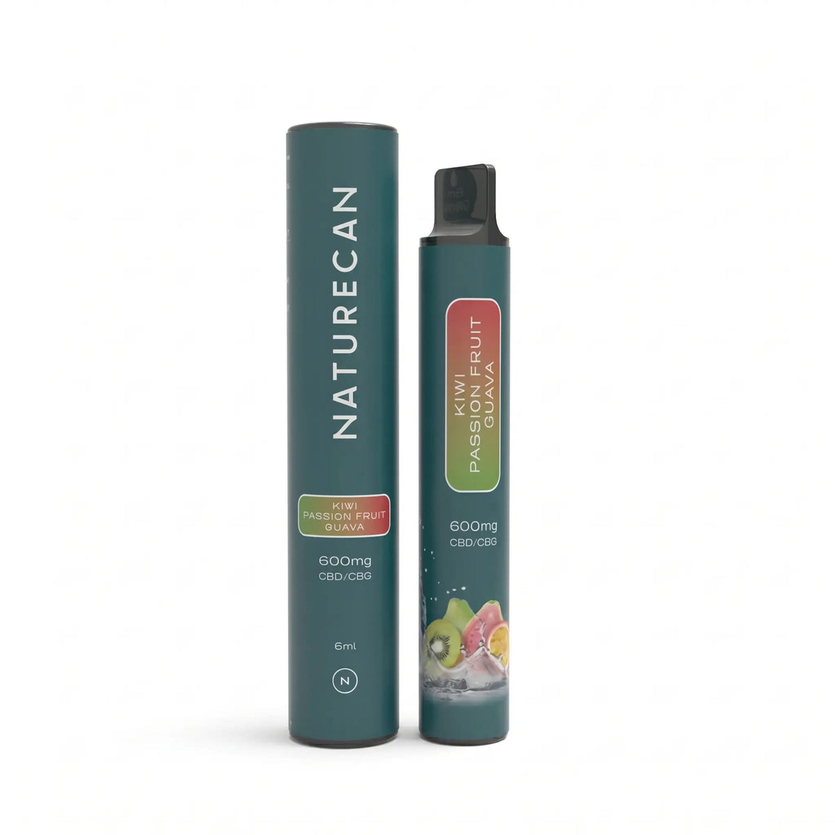 Jednorazowy vape Naturecan CBD/CBG w smaku Kiwi–Passionfruit–Guava, pokazany obok tuby ochronnej.