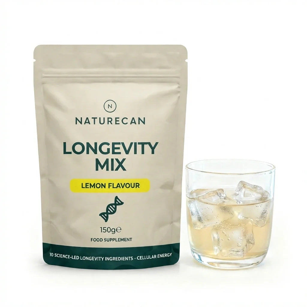 Longevity Mix Naturecan o smaku cytrynowym – suplement w proszku wspierający długowieczność z gotowym napojem