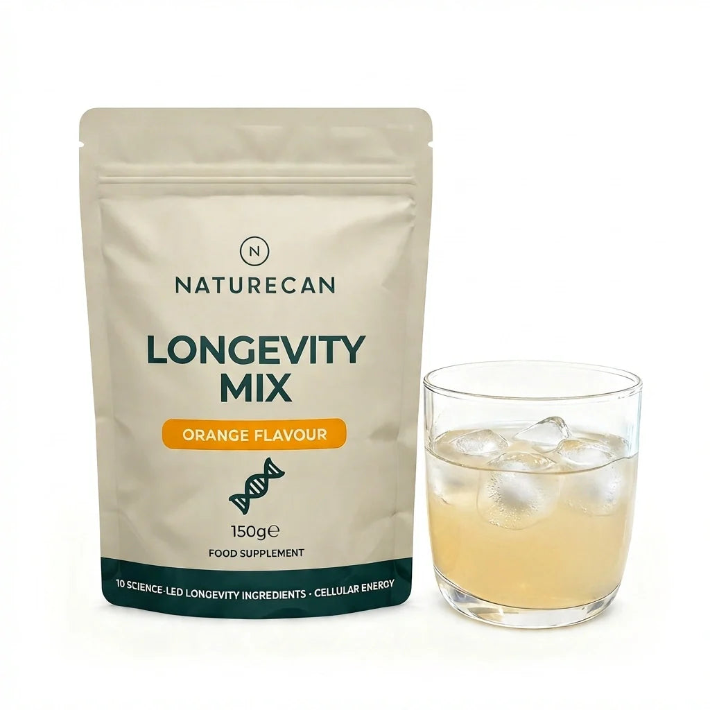 Longevity Mix Naturecan o smaku pomarańczowym – suplement w proszku wspierający długowieczność z gotowym napojem