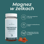 Magnez w żelkach Naturecan z 300 mg magnezu w porcji, o truskawkowym smaku i w wegańskiej formule do żucia.