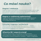 Infografika o magnezie w żelkach, cytrynianie magnezu, witaminie B6 oraz ich roli we wsparciu układu nerwowego i energii.