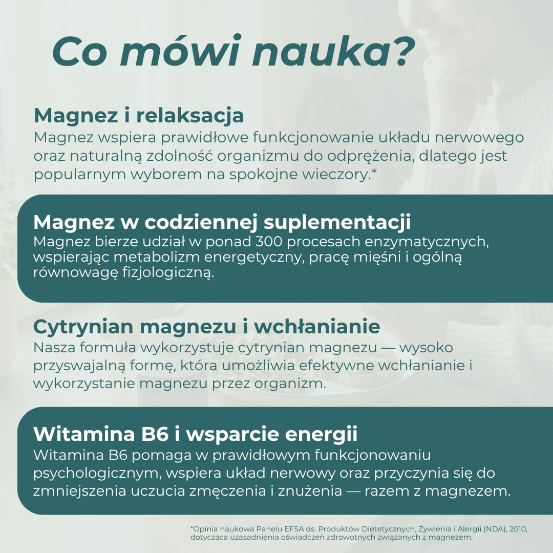 Infografika o magnezie w żelkach, cytrynianie magnezu, witaminie B6 oraz ich roli we wsparciu układu nerwowego i energii.