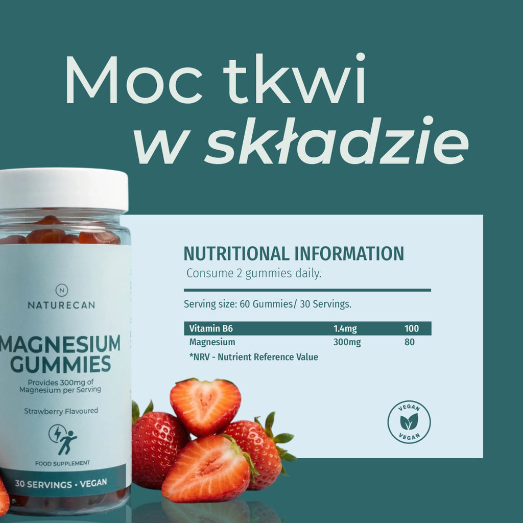 Informacje odżywcze magnezu w żelkach Naturecan z witaminą B6 i 300 mg magnezu w porcji dziennej.