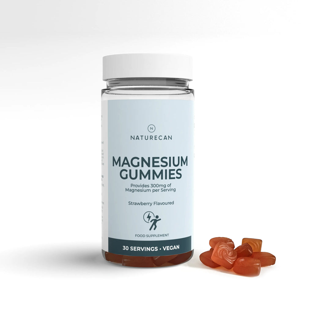 Magnez w żelkach Naturecan o smaku truskawkowym, z 300 mg magnezu w porcji i wegańską formułą do żucia.