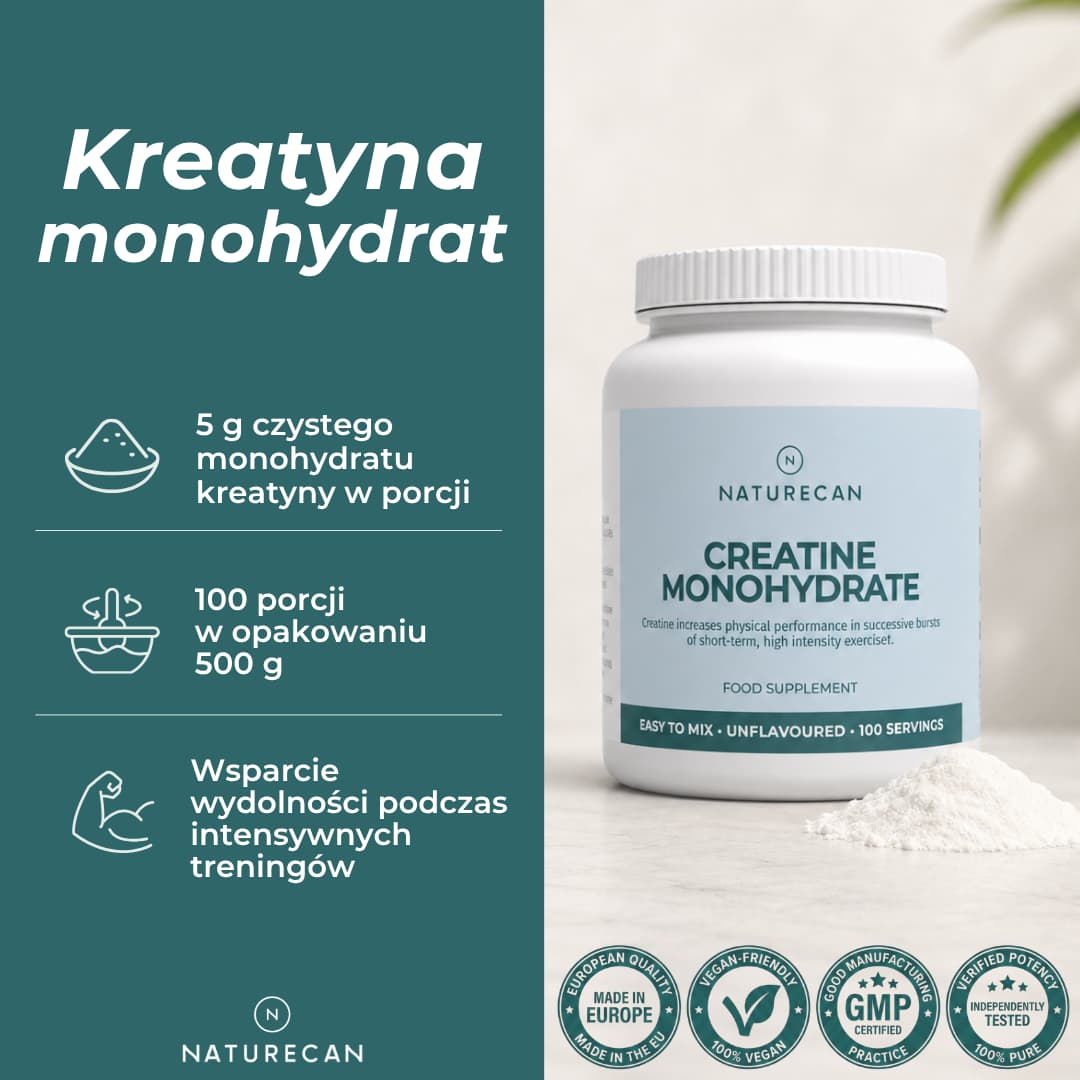 Monohydrat kreatyny Naturecan 5 g w porcji, opakowania 500 g i 1 kg