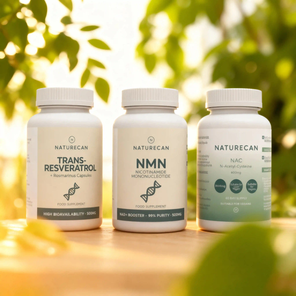 Trzy suplementy Naturecan - Reweratrol, NMN i NAC — pakiet wspierający długowieczność ustawiony na drewnianej powierzchni w naturalnym świetle, z rozmytym tłem liści, podkreślając naturalny charakter produktów.