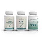 Trzy suplementy Naturecan - Reweratrol, NMN i NAC — zaprezentowane na białym tle jako zestaw anti-aging wspierający długowieczność i zdrowie metaboliczne.