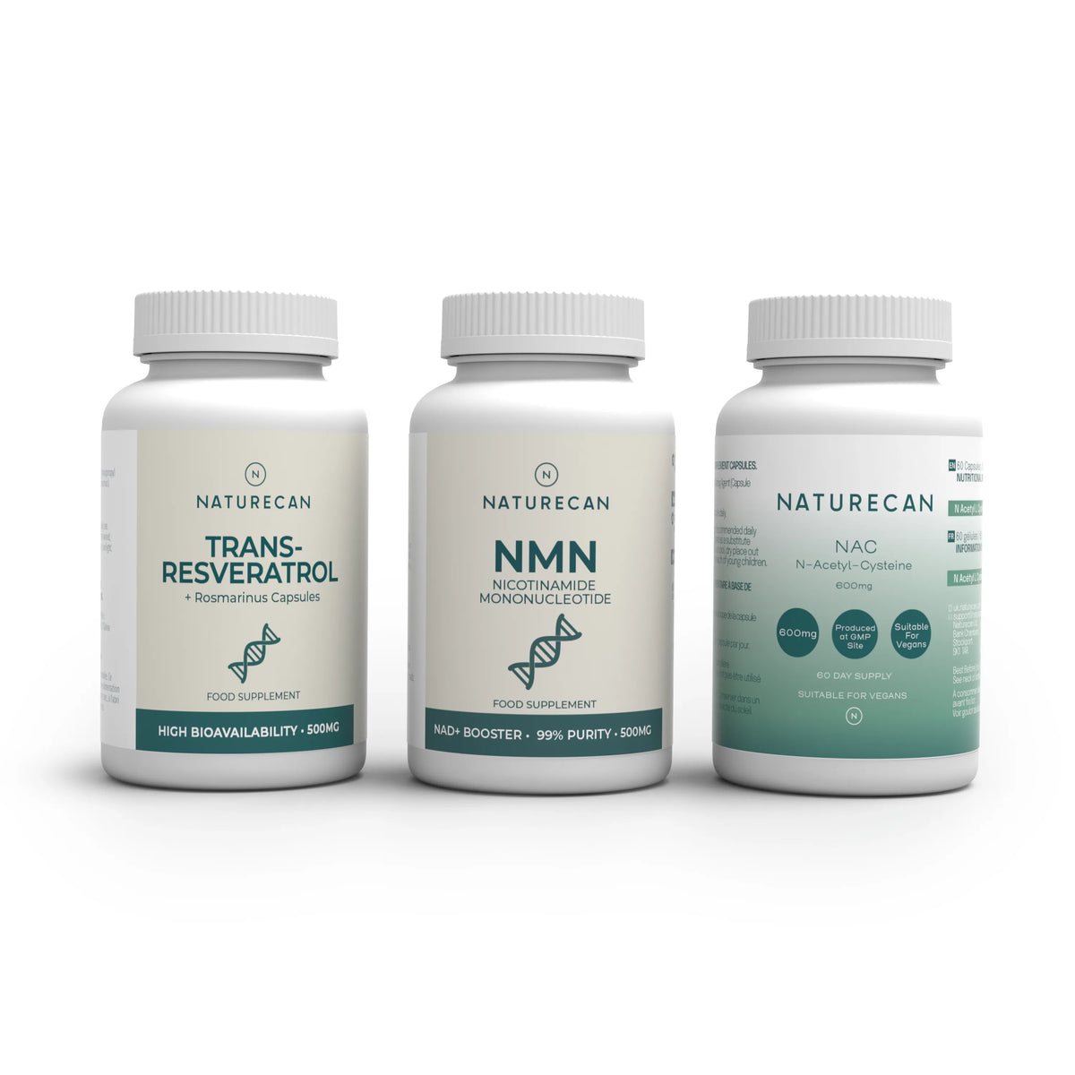 Trzy suplementy Naturecan - Reweratrol, NMN i NAC — zaprezentowane na białym tle jako zestaw anti-aging wspierający długowieczność i zdrowie metaboliczne.