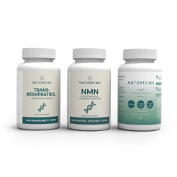 Trzy suplementy Naturecan - Reweratrol, NMN i NAC — zaprezentowane na białym tle jako zestaw anti-aging wspierający długowieczność i zdrowie metaboliczne.