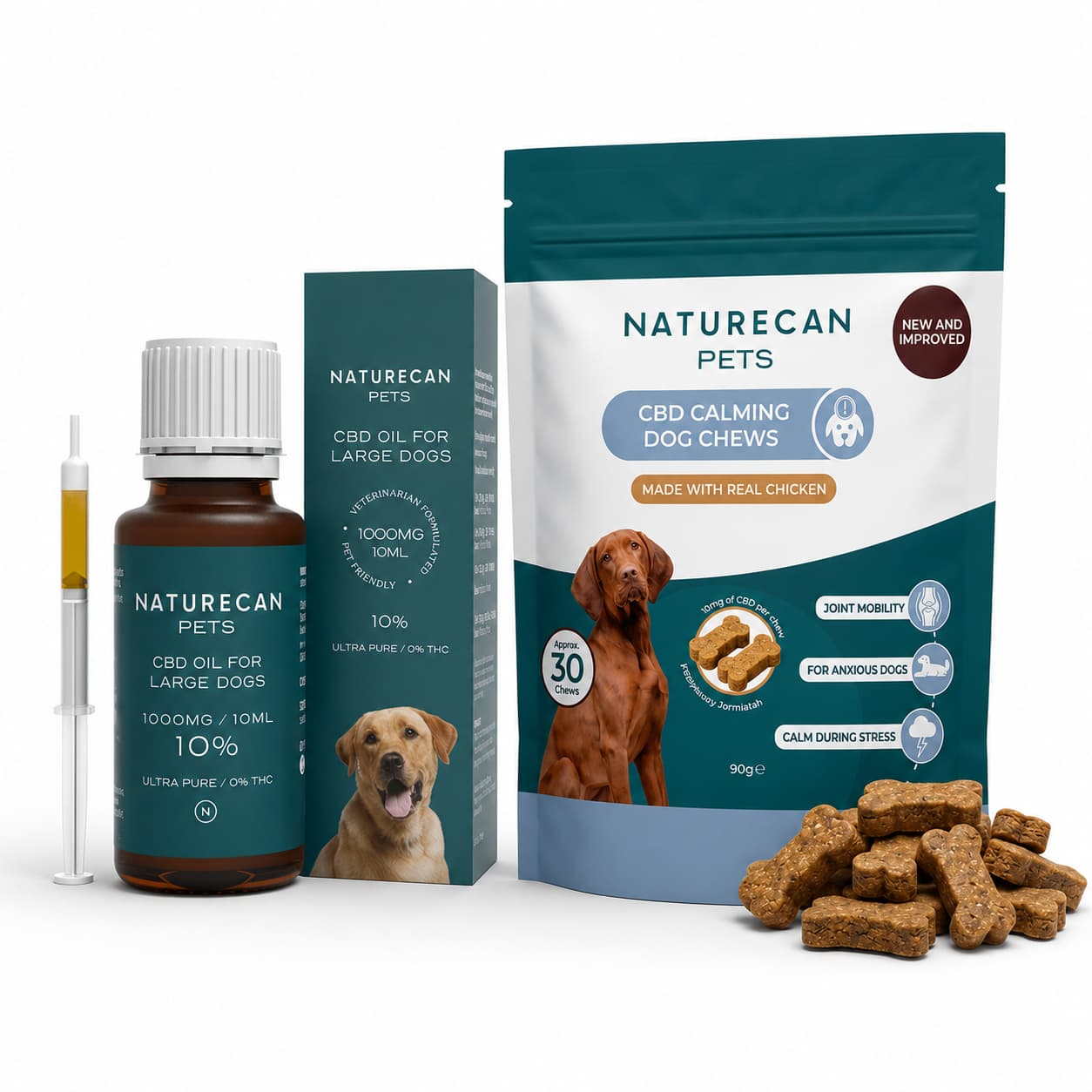 Pakiet CBD na uspokojenie dla psa Naturecan z olejkiem CBD dla dużych psów, strzykawką dozującą i uspokajającymi przysmakami CBD