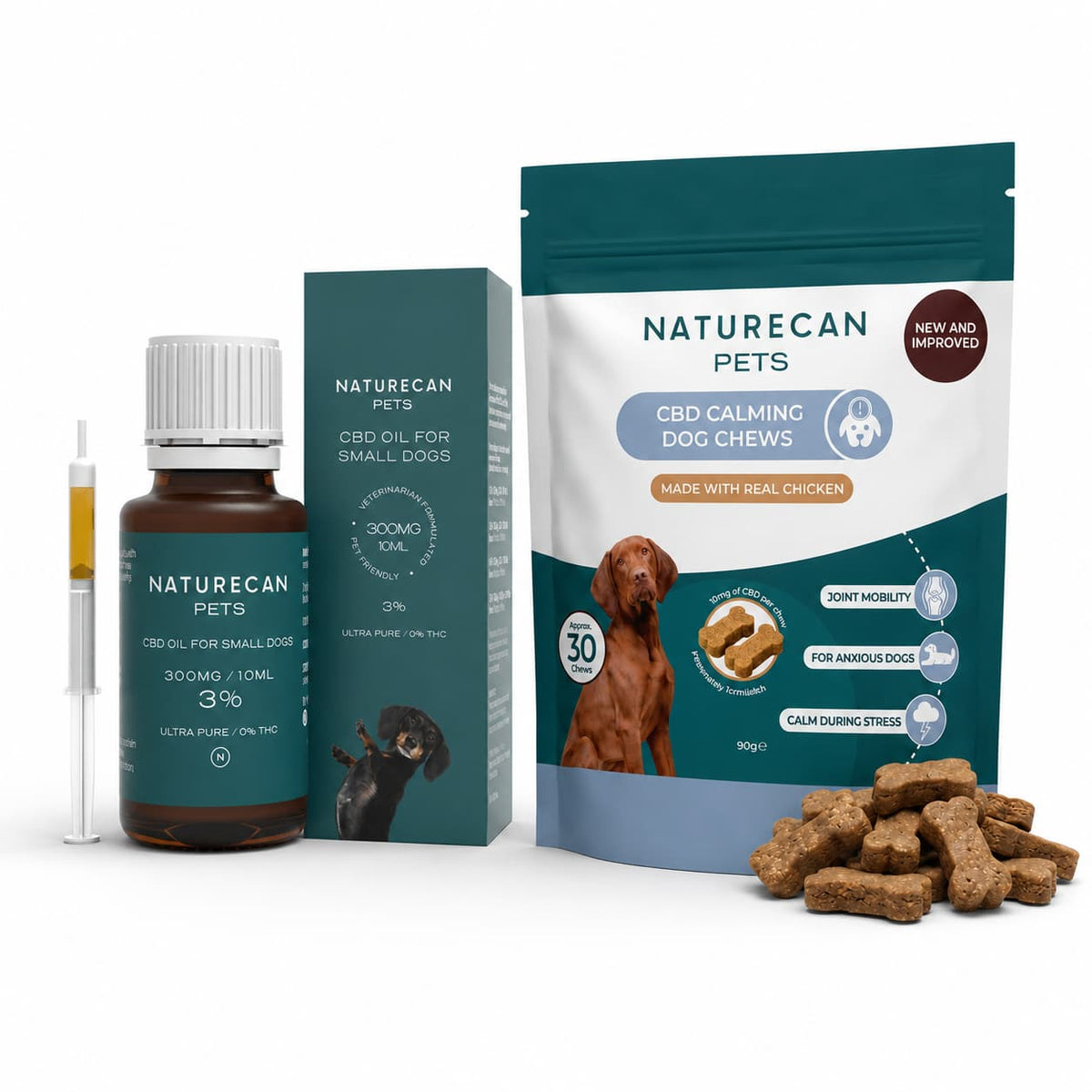Pakiet CBD na uspokojenie dla psa Naturecan z olejkiem CBD dla małych psów, strzykawką dozującą i uspokajającymi przysmakami CBD
