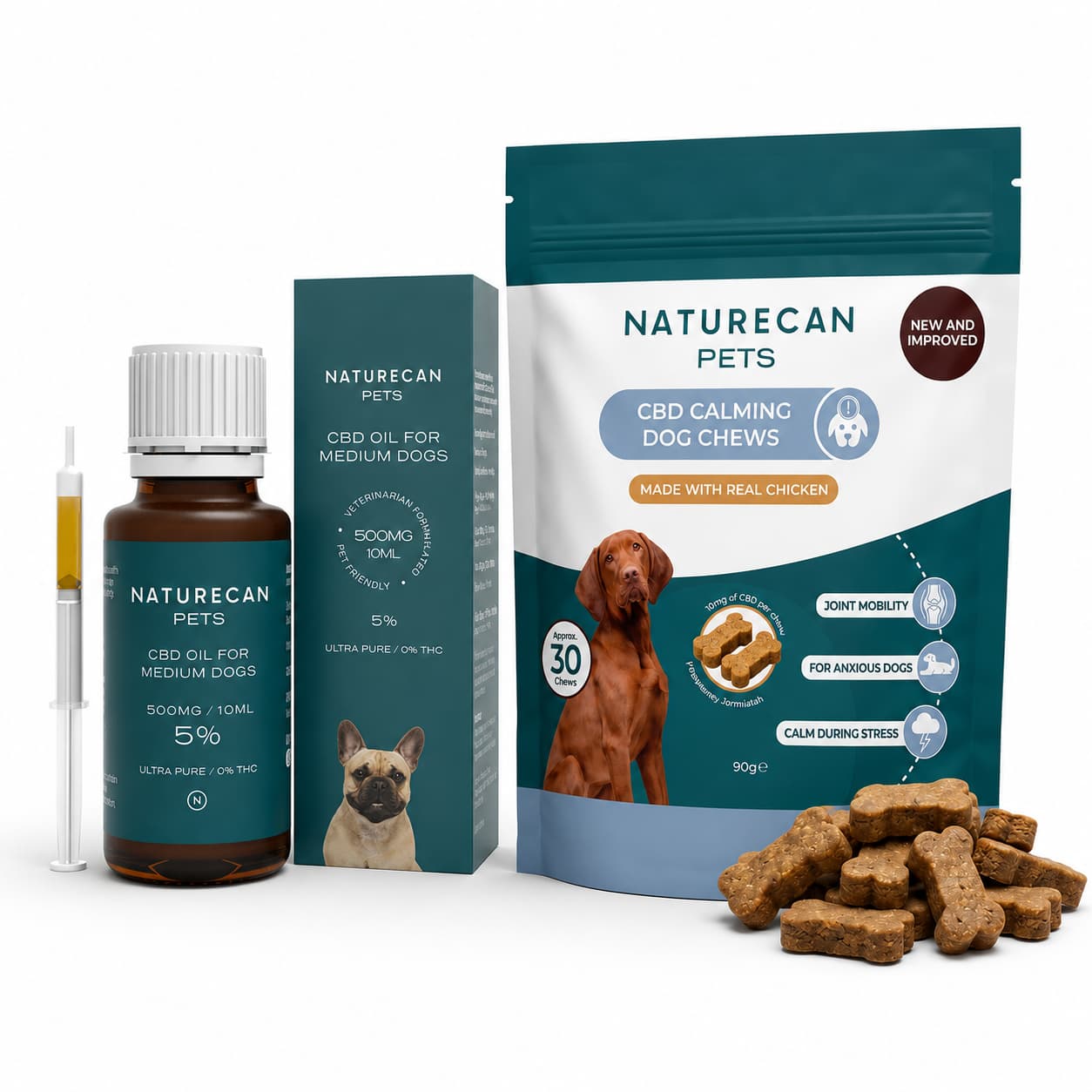 Pakiet CBD na uspokojenie dla psa Naturecan z olejkiem CBD dla średnich psów, strzykawką dozującą i uspokajającymi przysmakami CBD