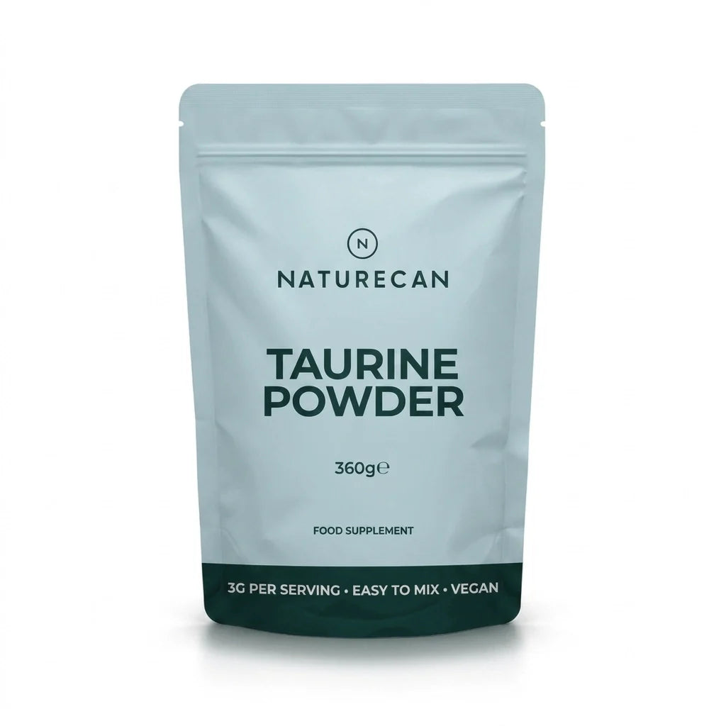 Tauryna w proszku Naturecan 360 g, wegański suplement diety z 3 g czystej tauryny w porcji.
