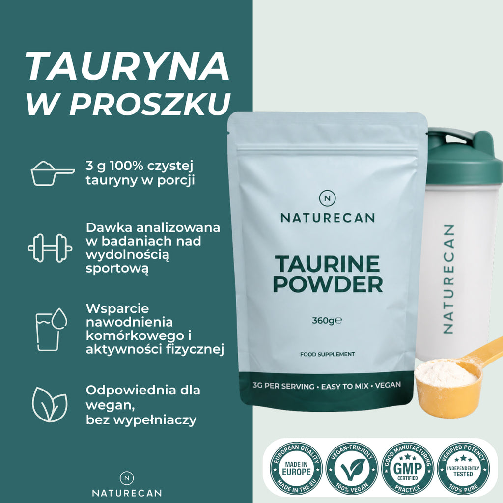 Tauryna w proszku Naturecan z 3 g czystej tauryny w porcji, odpowiednia dla wegan i bez zbędnych wypełniaczy.