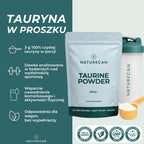 Tauryna w proszku Naturecan z 3 g czystej tauryny w porcji, odpowiednia dla wegan i bez zbędnych wypełniaczy.
