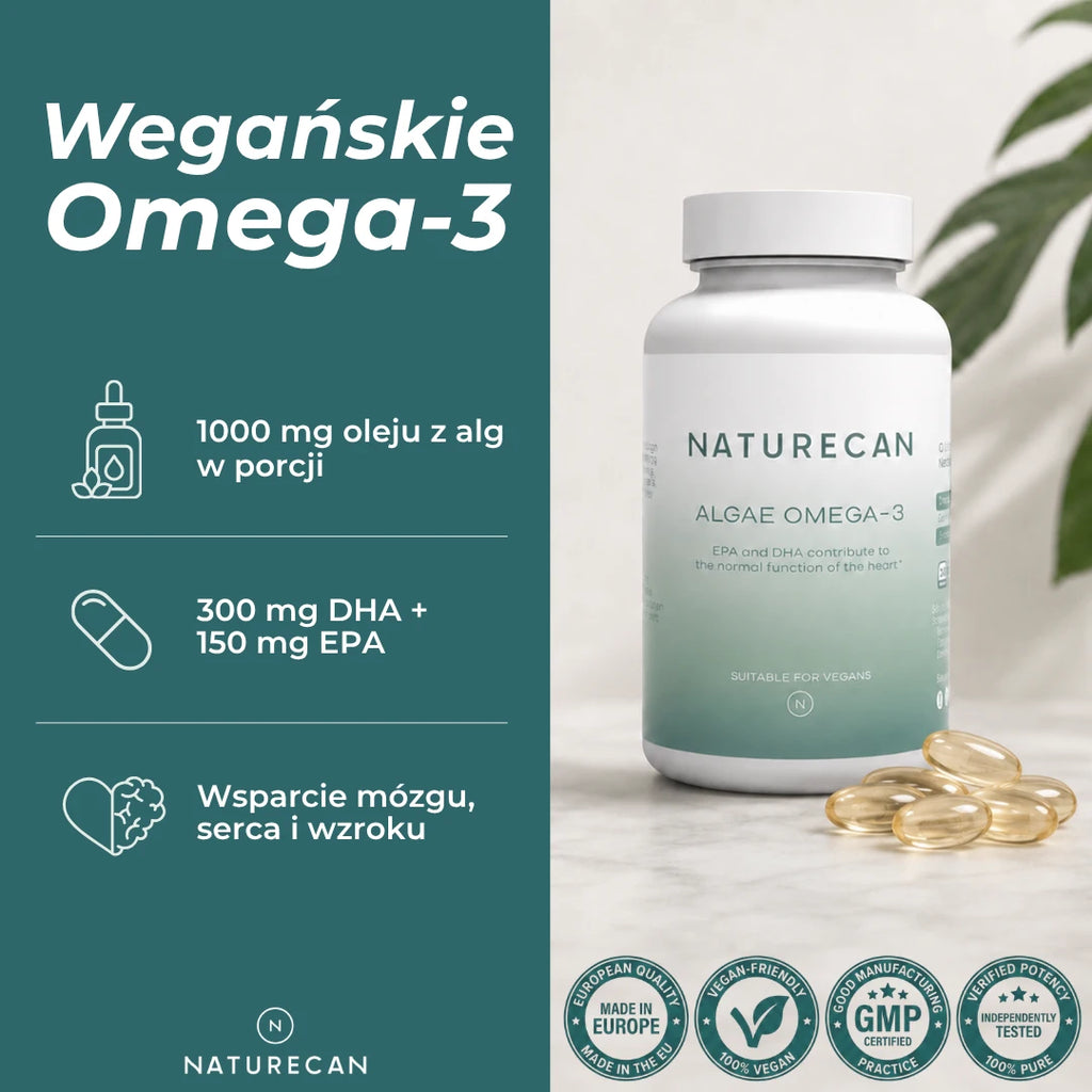 Wegańskie Omega-3 Naturecan z oleju z alg – 1000 mg oleju z alg, 300 mg DHA i 150 mg EPA w dziennej porcji