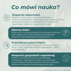 Infografika przedstawiająca naukowo potwierdzone korzyści suplementacji witaminą D3 i K2, w tym wsparcie odporności, zdrowych kości, prawidłowej pracy mięśni oraz utrzymania prawidłowego poziomu wapnia.