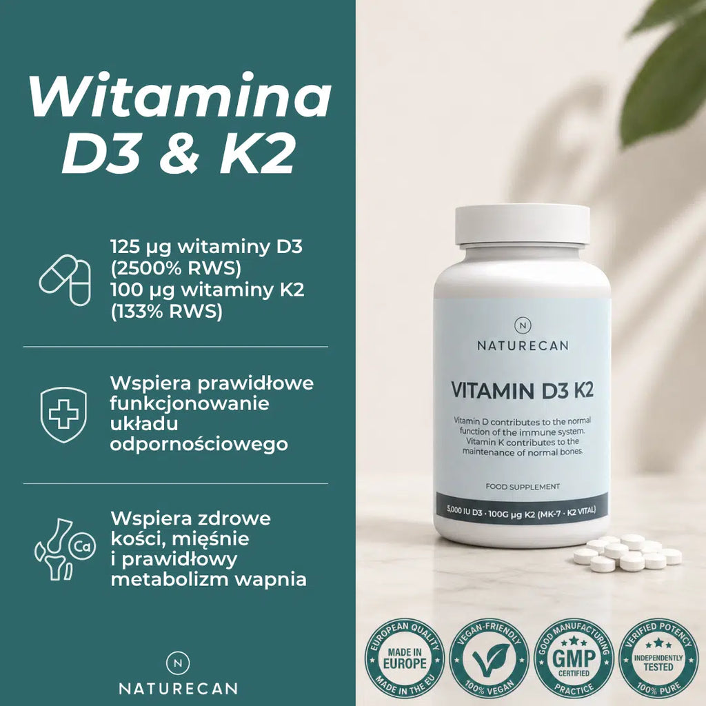 Witamina D3 i K2 Naturecan – 125 µg witaminy D3, 100 µg witaminy K2, wsparcie odporności, kości, mięśni i gospodarki wapniowej